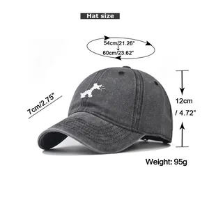 Size chart for washed cotton baseball cap showing head circumference and brim dimensions