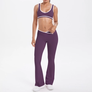 Purple yoga set with v-neck sports bra and crossover high-waisted flared leggings