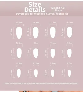 Tableau des tailles pour faux ongles en amande avec 12 dimensions précises fournies