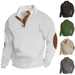 Detail of quarter-zip knit sweater showing ribbed texture and brown suede elbow patches