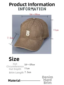 Detailed size guide for brown denim baseball cap with adjustable strap and B embroidery