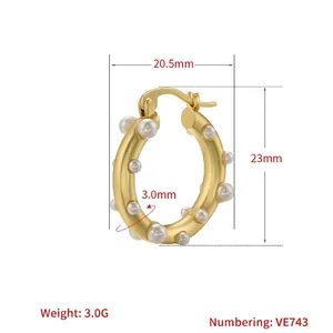 Vintage irregular brass hoop earrings with faux pearls and real gold plating for women
