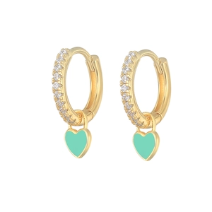 Golden heart hoop earrings with mint green enamel and sparkling micro-inlaid rhinestones