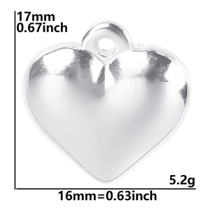 Polished silver heart pendant details showing dimensions 17mm by 16mm and 5.2g weight