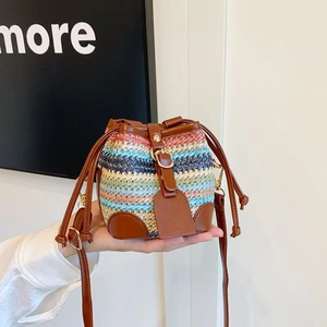 Kids Mini Bucket Bag Denim PU Leather Canvas Woven Plaid Drawstring Crossbody Shoulder Purse Fashion Casual For Girls