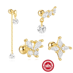 925 Sterling Silver Zirconia Heart Butterfly Star Stud Earrings Gold Plated Helix Cartilage Piercing Jewelry For Women