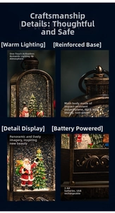 Detail showing vintage bronze Christmas lantern internal scene and dual power supply system