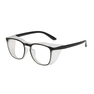 Protective safety glasses with black frames and clear lenses, 45-degree angle view