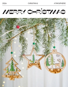 Detail of wooden Christmas ornaments with laser-cut reindeer scenes on snowy pine branches