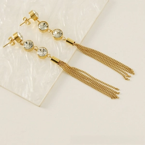 Détail de boucles d'oreilles longues en acier inoxydable 18K avec trois zircons ronds