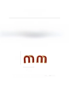 Macro detail of red enamel gold earrings with size measurements and M letter design