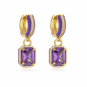 Elegant gold drop earrings with emerald-cut purple stones and micro-pave crystals