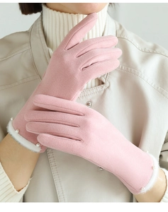 Rosa Wildlederimitat-Handschuhe mit weißem Kunstpelz und Perlenbesatz für Damen