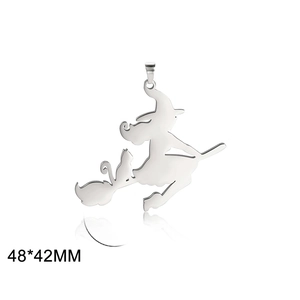 Silver stainless steel flying witch on broom pendant, 48x42mm cutout silhouette charm