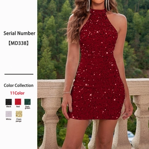 Vestito Mini Con Paillettes Allacciato Al Collo Schiena Scoperta Velluto Aderente Party Cocktail Senza Maniche