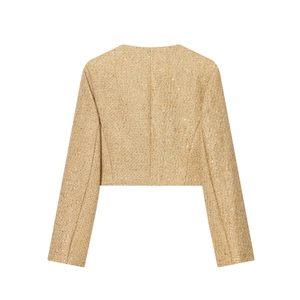 Giacca corta in tweed champagne da donna con filo dorato e maniche lunghe