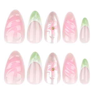 French green gradient press-on nails with 3D floral accents and almond shape tips