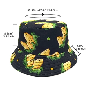 Reversible bucket hat with cartoon corn print and dimensions for sun protection