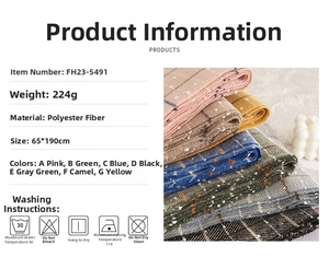 Detailed view of plaid scarf material specifications and soft fringe tassels