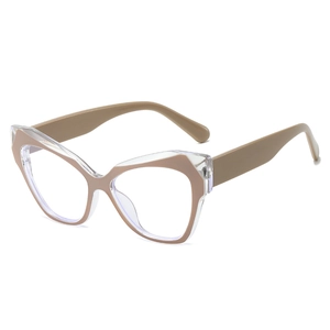 Retro cat-eye eyeglasses frame with contrast khaki inner rim and transparent outer layer