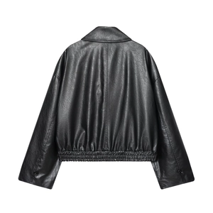 Back view of a black faux leather jacket featuring a turnover collar and gathered hem detail