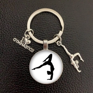 Silver gymnastics keychain with I Love Gymnastics engraving and gymnast silhouette pendant