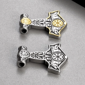 Viking Thor's Hammer Mjolnir pendants with wolf heads and Norse compass in two metallic tones