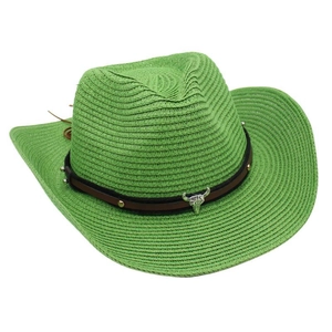 Close-up of green straw cowboy hat featuring a leather band and silver bull skull charm