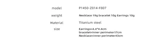 Macro shot of titanium steel jewelry set size specs for necklace, bracelet and earrings