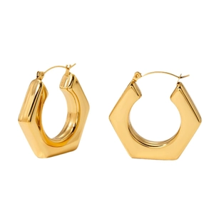 Polished gold stainless steel hollow hexagonal hoop earrings in minimalist geometric style