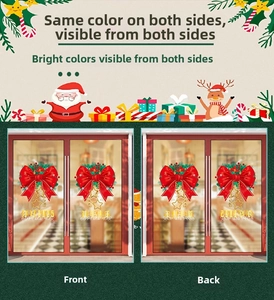 Detailed view of red bow Christmas window stickers featuring double-sided color vibrancy