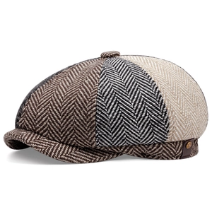 British style herringbone plaid newsboy cap with vintage multi-color patchwork design