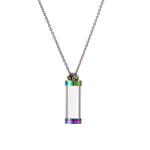 Rainbow stainless steel perfume bottle pendant necklace with a clear glass cylinder