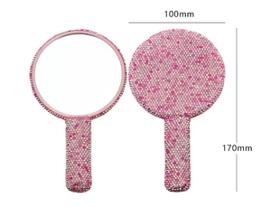 Detail view of pink rhinestone hand mirror showing 100mm diameter and 170mm total length