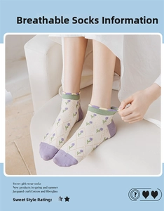Close-up of cotton socks with purple diamond pattern and green ruffled edges for summer