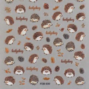 Stickers ongles 5D hérisson avec feuilles d'automne et pommes de pin pour manucure