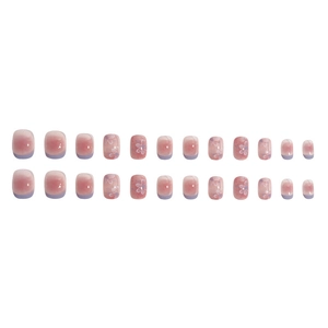 Set de 24 faux ongles avec dégradé rose et bords français violets et motifs floraux