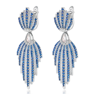 Elegant S925 sterling silver leaf drop earrings with blue tassels and pear-shaped stones