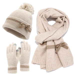 Winter knit 3-piece set with pompom hat, bow scarf and touch gloves in beige and brown
