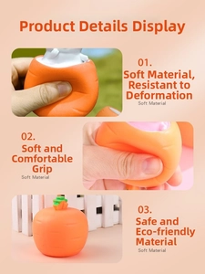 Detail of squeezing carrot squeeze toy showing its flexible soft TPR material and texture