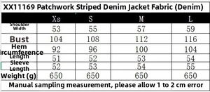 Tabella taglie dettagliata per set in denim con misure da XS a L in centimetri