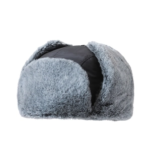 Winter windproof trapper hat with ear flaps in dark grey faux fur and thick fleece lining