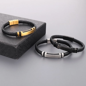 Braided leather bracelets with magnetic metal clasps shown in black, gold, and silver finishes
