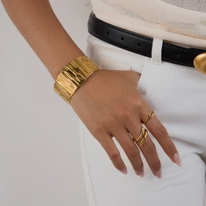 Minimalist 18K gold stainless steel textured wide cuff bracelet and ring set for women