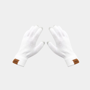 Close-up of white knit touchscreen gloves featuring MOM leather patch and grey fingertips