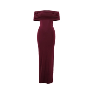 Close-up of elegant off-shoulder neckline with ruched details on a burgundy bodycon dress