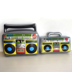Detail of two inflatable retro boombox props made from PVC for party decorations