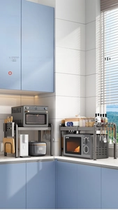 Detail showing scalable microwave rack with matte grey finish and storage hooks