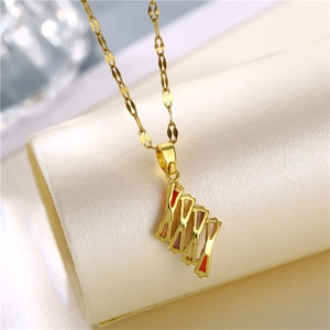 Fashion gold titanium steel necklace featuring a vertical LOVE pendant with red zircons