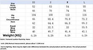Detailed size chart for high waist faux leather shorts including waist and hip measurements